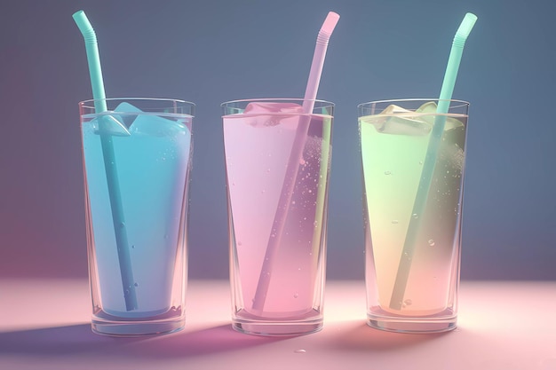 Cuatro vasos de diferentes colores, uno lleno de hielo y el otro lleno de hielo.