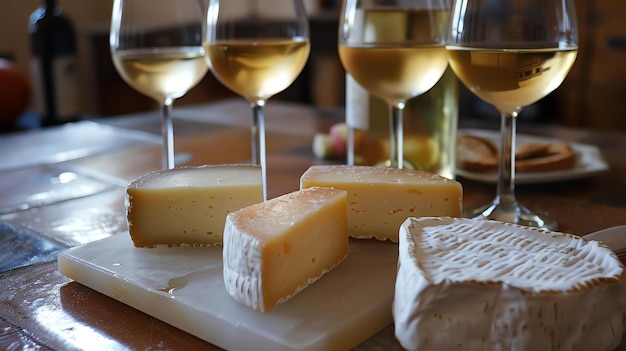 Cuatro vasos de vino blanco y una variedad de quesos en una mesa de madera