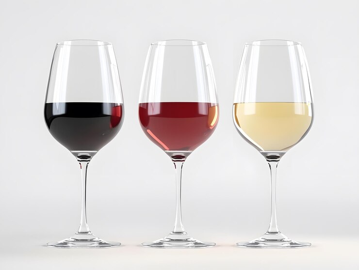 cuatro vasos de vino de diferentes colores con diferentes colores y uno rojo y amarillo