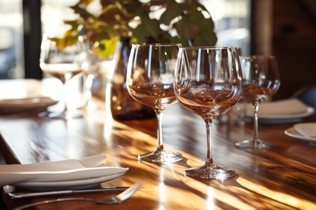 Cuatro vasos de vino vacíos en una mesa de madera en un restaurante