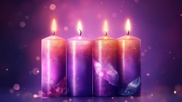 Cuatro velas moradas con luces borrosas suaves y brillantes en llamas Ai generativo