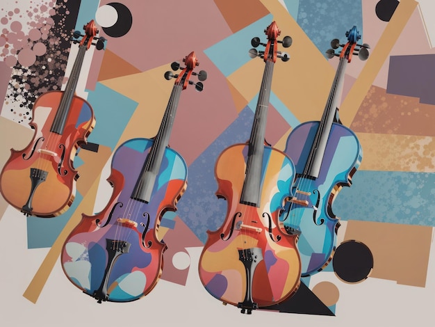 Cuatro violines musicales sobre un fondo multicolor