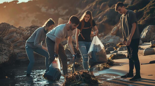 Foto cuatro voluntarios mantienen la playa limpia recogen la basura de la arena y el agua en grandes bolsas negras el sol se pone en el fondo