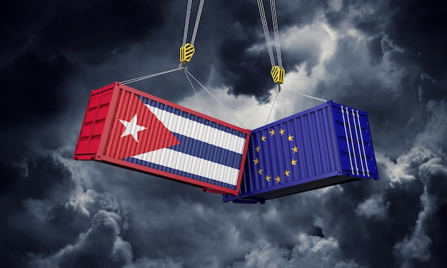 Cuba e conceito de guerra comercial da europa conflitantes contêineres de carga d render