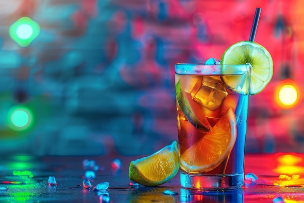 Cuba Libre o Long Island Té helado Cóctel con fondo de neón Fiesta de playa Cóctel de verano Bebida en el bar