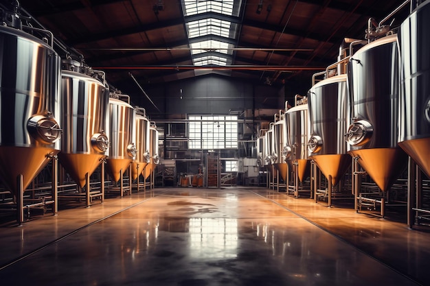 Cubas de fermentación o tanques de calderas en una fábrica cervecera Interior de la planta cervecera Fábrica para la producción de cerveza Producción moderna de bebidas de barril Enfoque selectivo