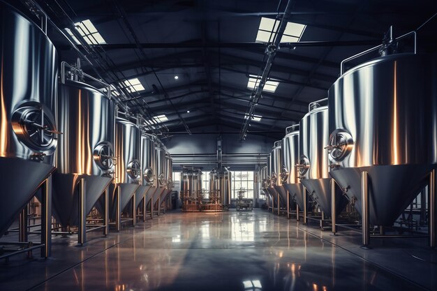 Cubas de fermentación o tanques de calderas en una fábrica cervecera Interior de la planta cervecera Fábrica para la producción de cerveza Producción moderna de bebidas de barril Enfoque selectivo