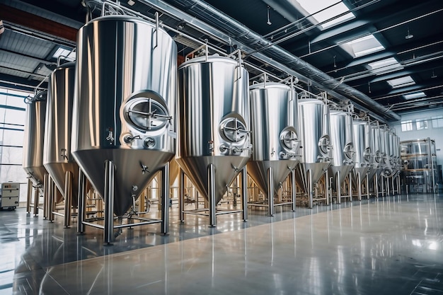 Cubas de fermentación o tanques de calderas en una fábrica de cerveza Interior de la planta cervecera Fábrica para la producción de cerveza Producción moderna de bebidas de barril Enfoque selectivo