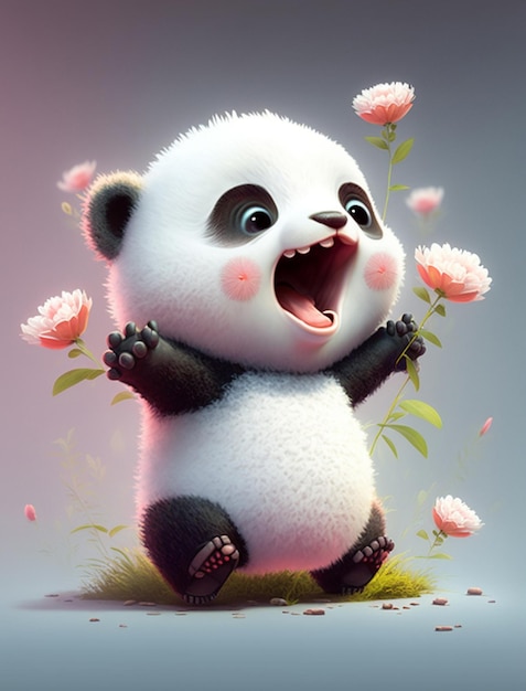 Cubby de filhote de urso panda está sentado no chão com flores generativas ai