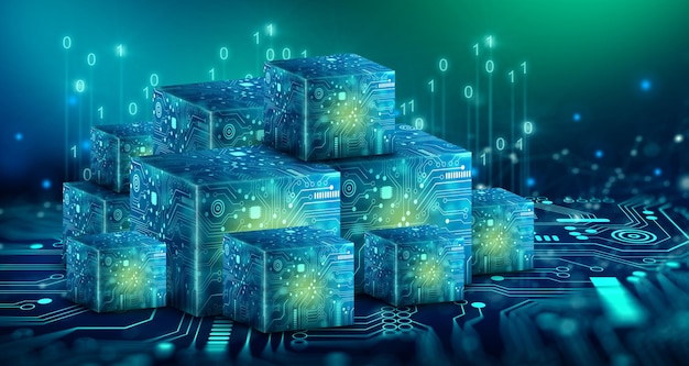 Cube-Technologie mit abstraktem blauem Hintergrund Blockchain Network System 3D-Darstellung