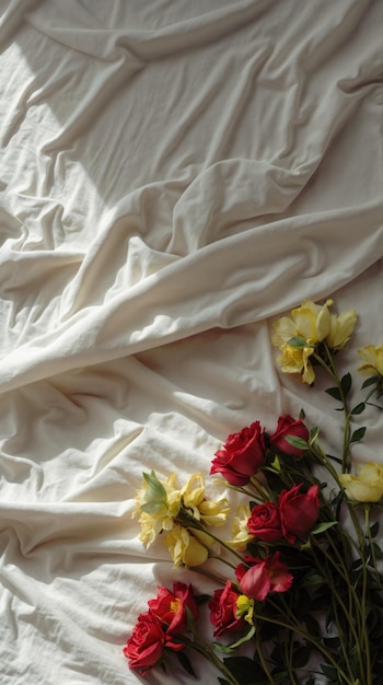 Cubierta de cama blanca y suave con flores rojas y amarillas