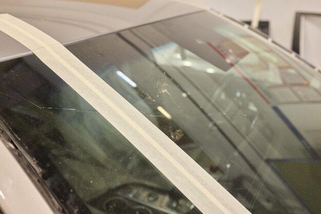 En una cubierta de emergencia, una ventana de coche rota con cinta adhesiva para una reparación rápida en la carretera.
