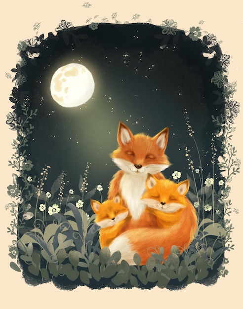 Cubierta libro para niños zorro familia escena nocturna animal en el bosque