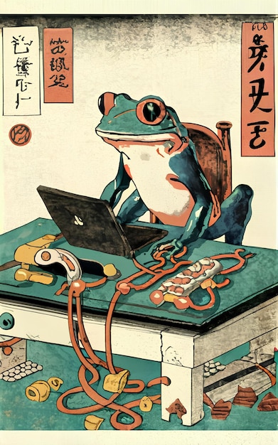 Foto cubierta de libro con una rana jugando juegos de pc en ella ukiyoe póster vibrante de josias severo7