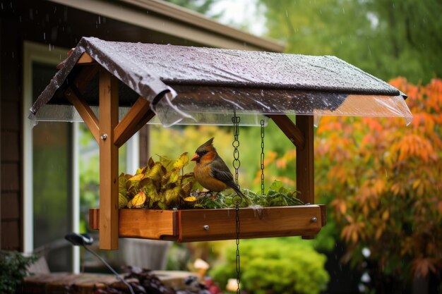 Foto cubierta para la lluvia sobre el comedero para pájaros para protegerlo del clima.