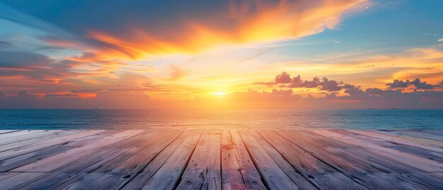 Una cubierta de madera contra un fondo de cielo vibrante y colorido que evoca frescura y belleza limpia durante la puesta de sol