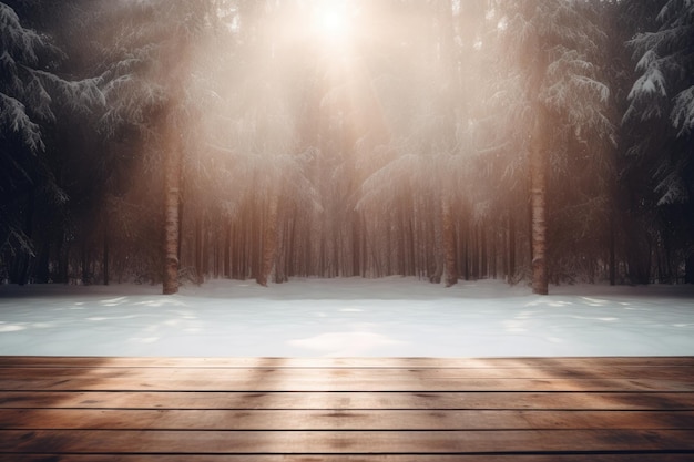 una cubierta de madera frente a un bosque nevado