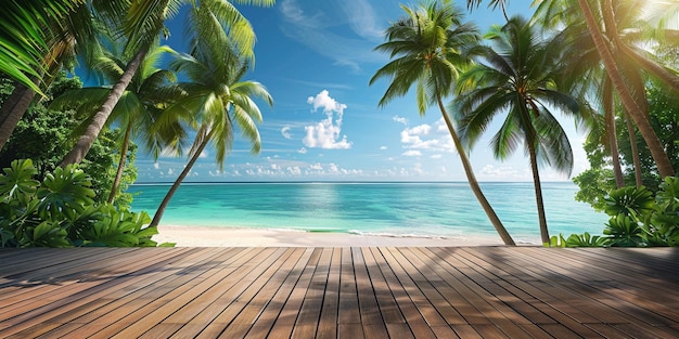 Foto una cubierta de madera con palmeras en la playa y el océano en el fondo