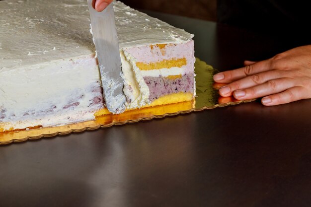 Cubierta de mujer con tarta festiva de glaseado blanco