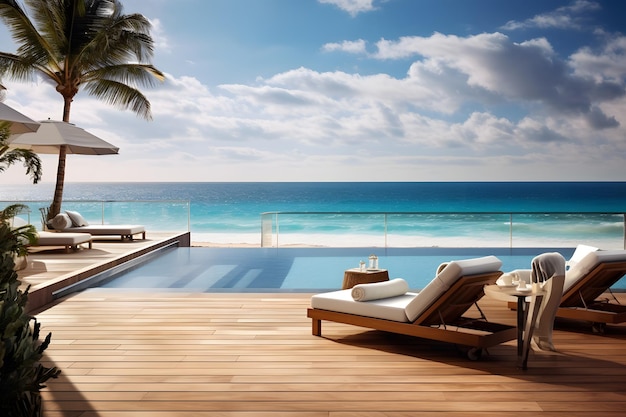 Foto la cubierta de la piscina de un hotel de lujo con vistas al océano