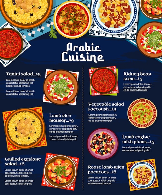 Cubierta de vector de menú de restaurante de cocina árabe