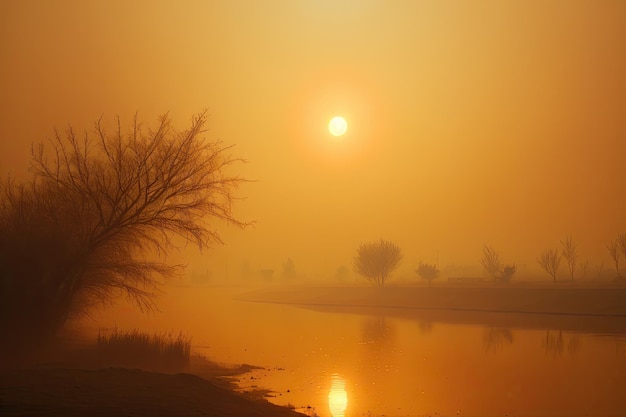 Cubierto de una espesa neblina de smog sobre el río contra el sol como telón de fondo