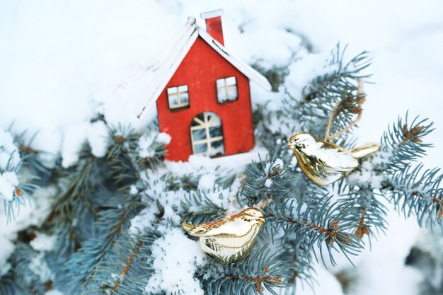 Cubierto de nieve y decoración navideña con rama de abeto, al aire libre