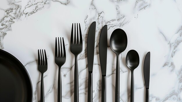 Foto los cubiertos negros sobre fondo de mármol el conjunto incluye un tenedor para cenar, un tenedor de ensalada, un terciario, un cuchillo para bistec y una cucharadita.