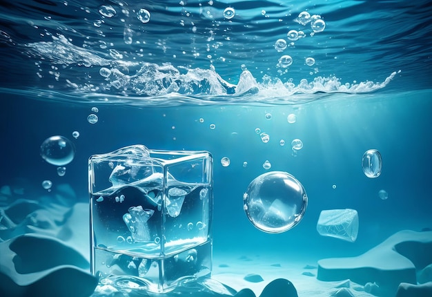Cubitos de hielo con burbujas bajo el agua.