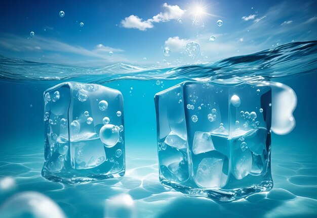 Cubitos de hielo con burbujas bajo el agua.