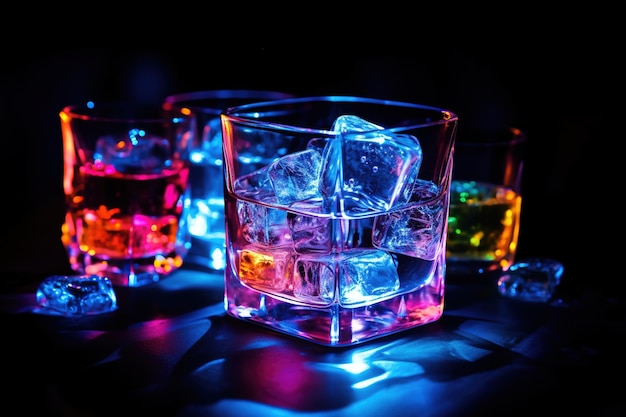 Cubitos de hielo de color neón brillando en una copa de cóctel en un bar oscuro