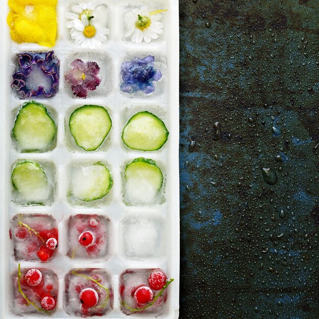 Cubitos de hielo congelados multicolores con frutas, flores y verduras sobre un fondo oscuro en forma de hielo