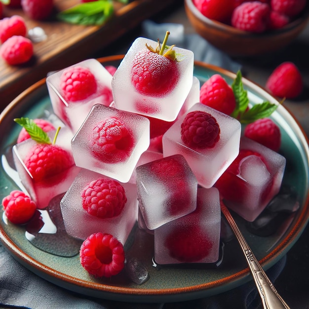 Cubitos de hielo con frambuesa en primer plano del plato