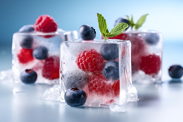 Foto cubitos de hielo de frutas con bayas cubitos de hielo de frambuesa y menta sobre la mesa sobre fondo azul claro banner comercial de hielo de frutas cubitos de hielo con bayas congeladas dentro generado por ia