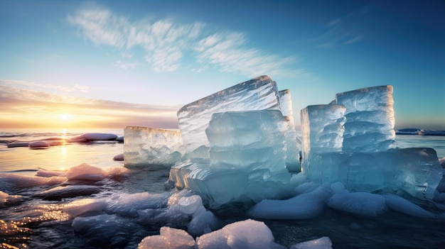 Cubitos de hielo en la orilla de un lago con una puesta de sol de fondo.