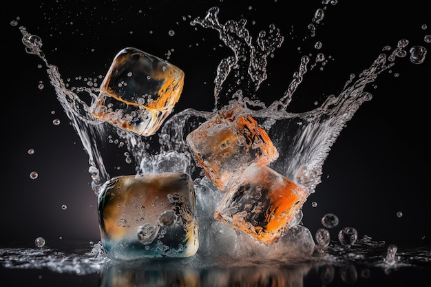 Cubitos de hielo salpicando en un chorro de agua