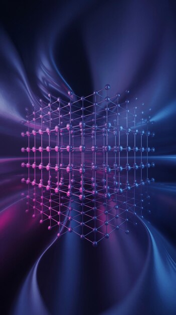 Cubo 3D abstrato com esferas interconectadas e iluminação de néon