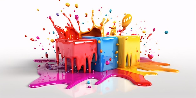 Foto cubo 3d e colorido com explosão de tinta isolada em ia generativa de fundo branco