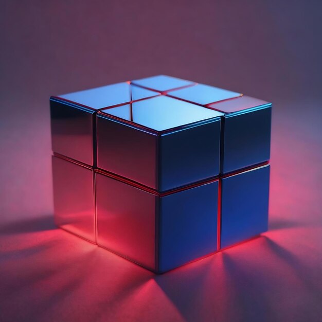 Un cubo 3D con un fondo azul y una luz roja y azul