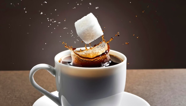 un cubo de azúcar cayendo en una taza de café