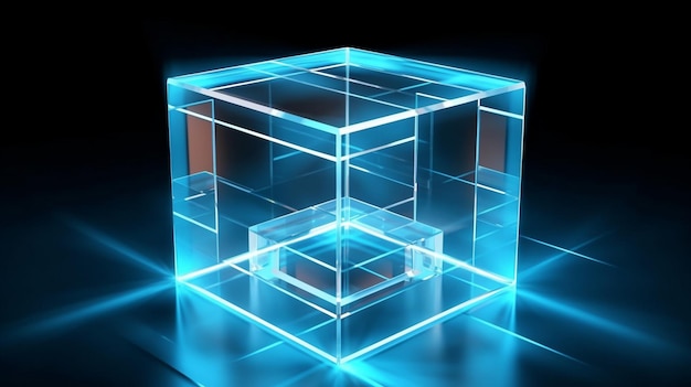 Cubo azul brilhante em uma plataforma