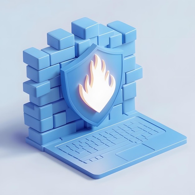 un cubo azul con un escudo azul en él y una computadora portátil en la parte superior
