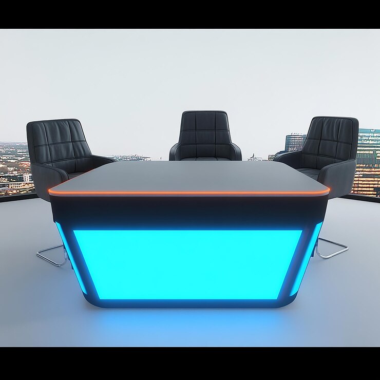 Foto un cubo azul con una pantalla led negra y azul que dice la palabra cita en él