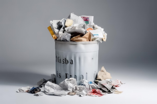 Cubo de basura abierto y lleno sobre un fondo blanco AI