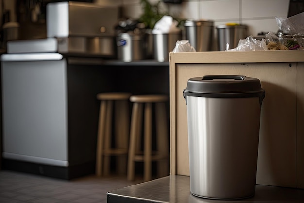 Cubo de basura en la cocina después de limpiar detrás del café restaurante