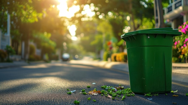 Cubo de basura verde al lado de la carretera Solución limpia y conveniente para la eliminación de residuos
