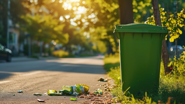 Cubo de basura verde al lado del contenedor de eliminación de residuos de la carretera para uso público