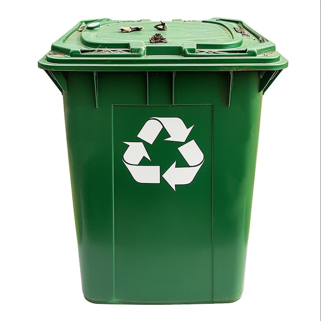 Foto un cubo de basura verde con un logotipo de reciclaje en él