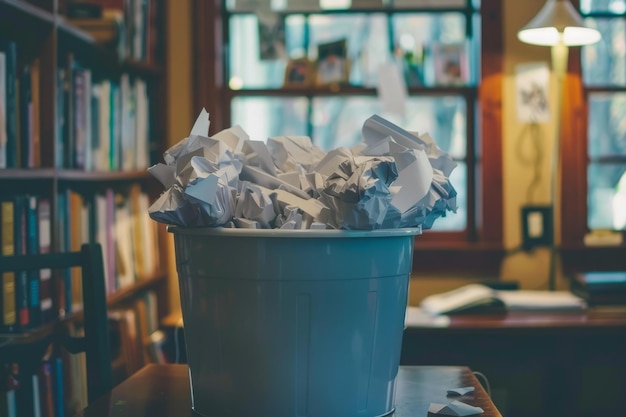 Un cubo blanco lleno de papel triturado se sienta en una mesa en una habitación