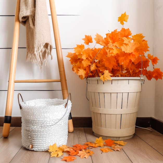 Un cubo blanco con un mango blanco se sienta junto a una escalera de madera